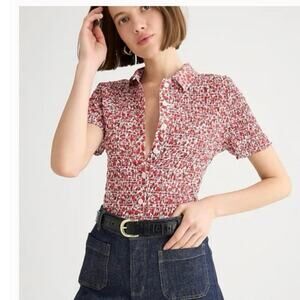 J. Crew x Liberty Fabric Eliza Red Smocked Button Up S/S  Blouse Floral XL NWT